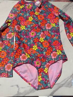 Girls Floral Long Sleeve One-Piece Swimsuit - Bright Multi